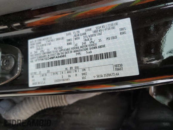 2021 Ford F-150 XL with VIN 1FTFW1ED4MFA04985, listed as a Copart auction lot 55450375 with 47,341 mi miles and Salvage Title. Bid and sale history available at carsss.com. Image 12.