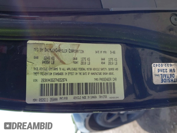 2007 Dodge Charger with VIN 2B3KA43G27H652874, listed as a IAAI auction lot 42030171 with 216,231 mi miles and . Bid and sale history available at DreamBid. Image 9.
