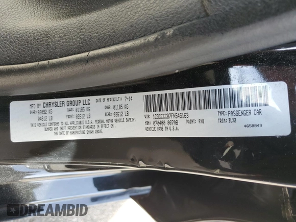 2015 Chrysler 200 C with VIN 1C3CCCCB7FN545163, listed as a Copart auction lot 48868495 with 165,175 mi miles and Salvage Title. Bid and sale history available at carsss.com. Image 12.