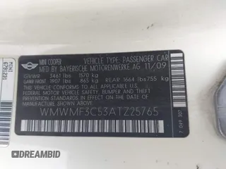 2010 MINI Hardtop with VIN WMWMF3C53ATZ25765, listed as a IAAI auction lot 42805681 with 108,796 mi miles and . Bid and sale history available at DreamBid. Image 9.