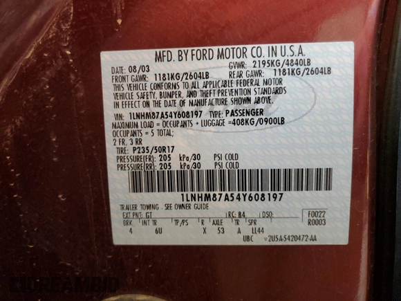2004 Lincoln LS w/Base Pkg with VIN 1LNHM87A54Y608197, listed as a Copart auction lot 54514605 with 213,352 mi miles and Salvage Title. Bid and sale history available at carsss.com. Image 12.