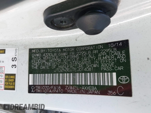 2014 Toyota Prius Two z VIN JTDZN3EU7EJ014081, wystawiony jako IAAI lot #42087904 z przebiegiem 259 570 mil mil oraz . Historia ofert i sprzedaży dostępna na DreamBid. Obrazek 9.