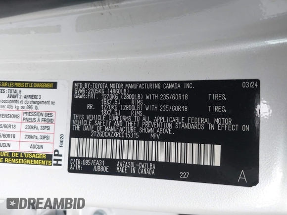 2024 Lexus NX 250 Premium with VIN 2T2GDCAZXRC015315, listed as a IAAI auction lot 41360875 with 7,294 mi miles and . Bid and sale history available at DreamBid. Image 9.