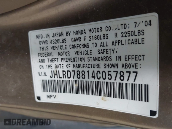 2004 Honda CR-V EX with VIN JHLRD78814C057877, listed as a IAAI auction lot 42065687 with 220,207 mi miles and . Bid and sale history available at carsss.com. Image 9.