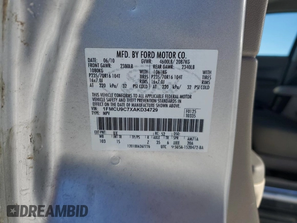 2010 Ford Escape XLS with VIN 1FMCU9C7XAKD34729, listed as a Copart auction lot 42009035 with 191,191 mi miles and Clean title. Bid and sale history available at DreamBid. Image 14.