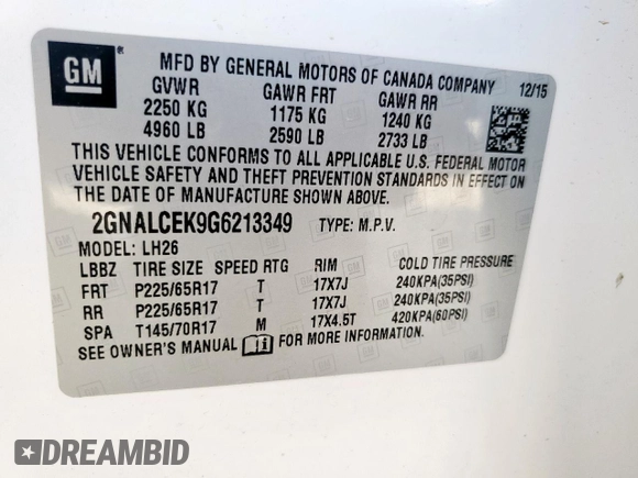 2016 Chevrolet Equinox LT z VIN 2GNALCEK9G6213349, wystawiony jako Copart lot #57287505 z przebiegiem 62 902 mil mil oraz Szkoda całkowita • Salvage title. Historia ofert i sprzedaży dostępna na DreamBid. Obrazek 13.