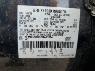 2023 Ford Explorer XLT with VIN 1FMSK7DH3PGA95078, listed as a Copart auction lot 43960065 with 20,344 mi miles and Salvage Title. Bid and sale history available at carsss.com. Image 16.