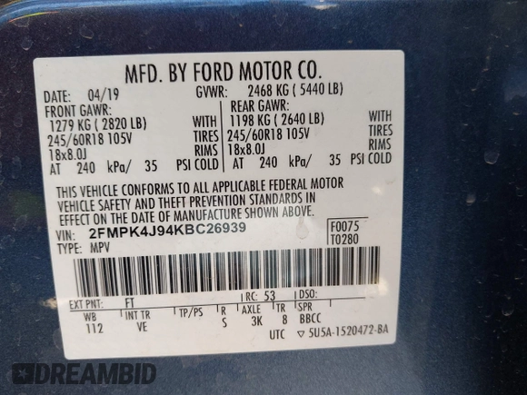 2019 Ford Edge SEL with VIN 2FMPK4J94KBC26939, listed as a IAAI auction lot 42028312 with 43,707 mi miles and . Bid and sale history available at DreamBid. Image 9.