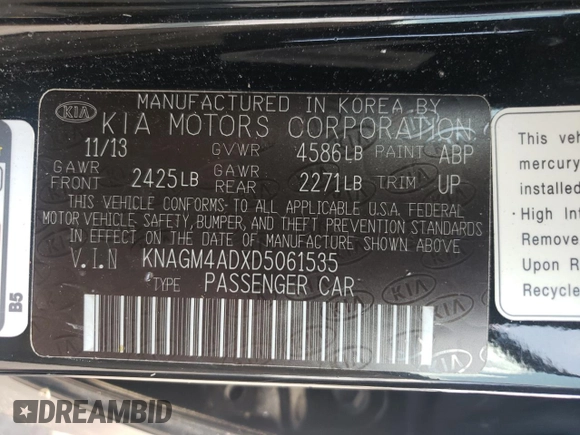 2013 Kia Optima EX with VIN KNAGM4ADXD5061535, listed as a Copart auction lot 65505935 with 136,092 mi miles and Clean title. Bid and sale history available at DreamBid. Image 12.