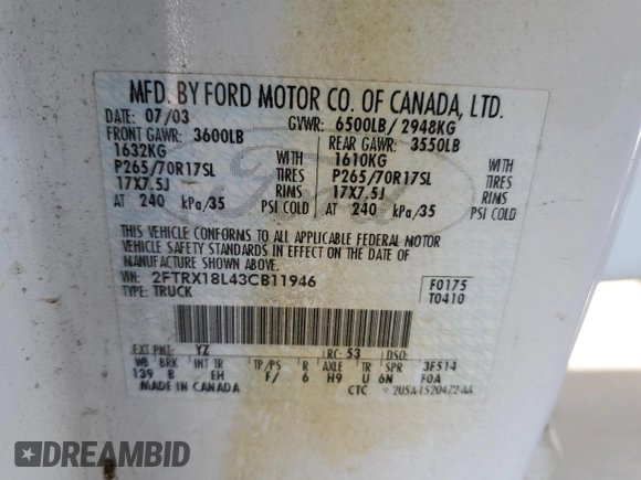 2003 Ford F-150 XL with VIN 2FTRX18L43CB11946, listed as a Copart auction lot 63626384 with 249,358 mi miles and Clean Title. Bid and sale history available at carsss.com. Image 12.