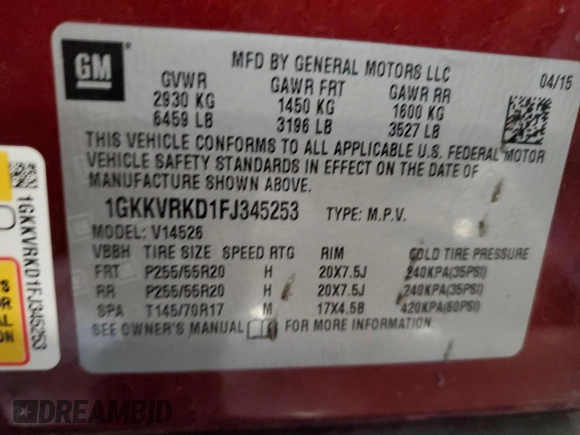 2015 GMC Acadia SLT with VIN 1GKKVRKD1FJ345253, listed as a Copart auction lot 49494095 with 75,159 mi miles and Salvage Title. Bid and sale history available at carsss.com. Image 15.