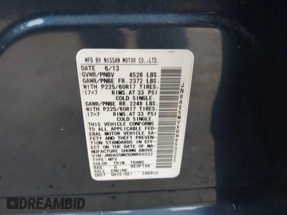 2013 Nissan Rogue S with VIN JN8AS5MVXDW650222, listed as a IAAI auction lot 41864829 with 174,672 mi miles and . Bid and sale history available at DreamBid. Image 9.