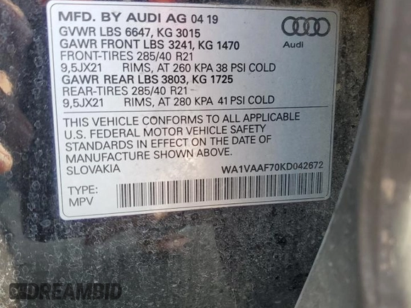 2019 Audi Q7 Prestige with VIN WA1VAAF70KD042672, listed as a Copart auction lot 79999524 with 40,434 mi miles and Salvage Title. Bid and sale history available at carsss.com. Image 15.