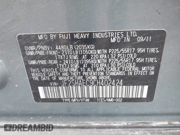 2012 Subaru Forester X Limited with VIN JF2SHAEC9CH402424, listed as a IAAI auction lot 42526799 with 97,424 mi miles and . Bid and sale history available at DreamBid. Image 9.