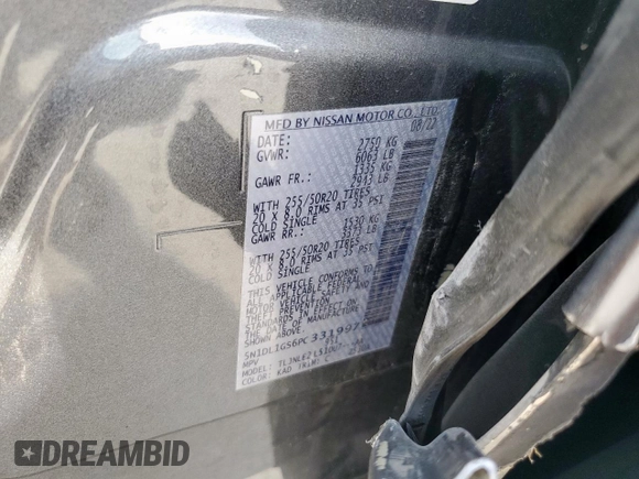 2023 Infiniti QX60 Sensory with VIN 5N1DL1GS6PC331997, listed as a Copart auction lot 50126055 with 37,710 mi miles and Salvage title. Bid and sale history available at DreamBid. Image 13.