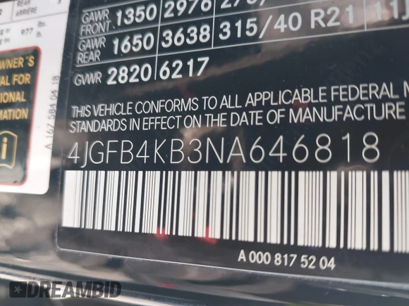 2022 Mercedes-Benz GLE 350 with VIN 4JGFB4KB3NA646818, listed as a IAAI auction lot 41805848 with 26,172 mi miles and . Bid and sale history available at DreamBid. Image 9.