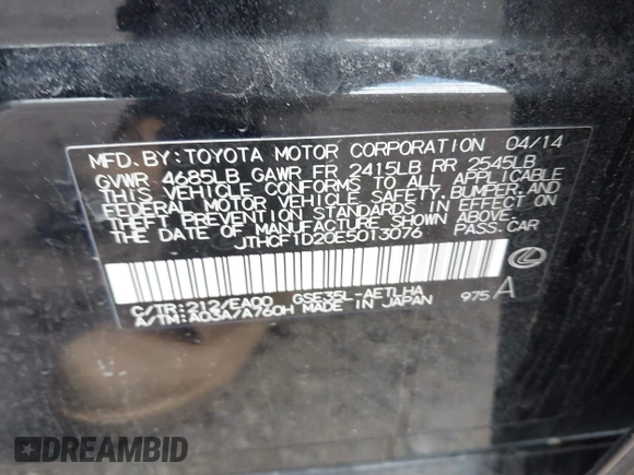 2014 Lexus IS 250 with VIN JTHCF1D20E5013076, listed as a IAAI auction lot 41987993 with 116,173 mi miles and . Bid and sale history available at DreamBid. Image 9.