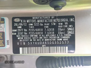 2013 Kia Sorento EX with VIN 5XYKUDA65DG352577, listed as a IAAI auction lot 42174829 with 175,500 mi miles and . Bid and sale history available at DreamBid. Image 9.