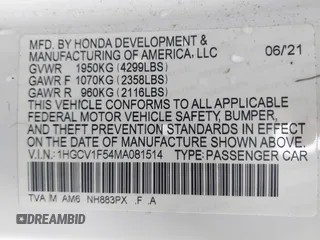 2021 Honda Accord EX-L with VIN 1HGCV1F54MA081514, listed as a IAAI auction lot 42516394 with 54,130 mi miles and . Bid and sale history available at DreamBid. Image 9.