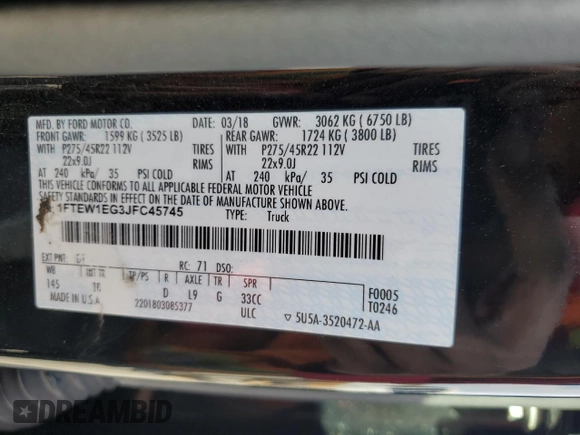 2018 Ford F-150 XL with VIN 1FTEW1EG3JFC45745, listed as a Copart auction lot 49292185 with 92,542 mi miles and Salvage Title. Bid and sale history available at carsss.com. Image 12.