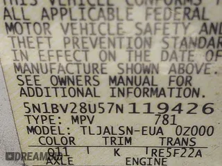 2007 Nissan Quest with VIN 5N1BV28U57N119426, listed as a IAAI auction lot 41822986 with 196,097 mi miles. Bid and sale history available at carsss.com. Image 9.
