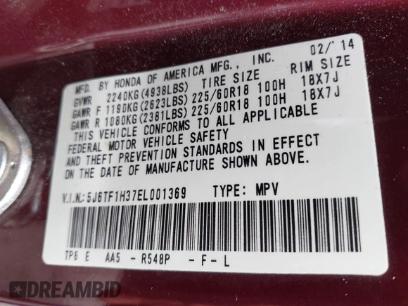 2014 Honda Crosstour EX with VIN 5J6TF1H37EL001369, listed as a IAAI auction lot 41997734 with 85,014 mi miles and . Bid and sale history available at DreamBid. Image 9.
