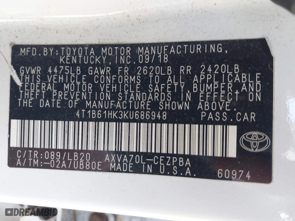 2019 Toyota Camry XSE with VIN 4T1B61HK3KU686948, listed as a IAAI auction lot 42065656 with 110,648 mi miles. Bid and sale history available at carsss.com. Image 9.