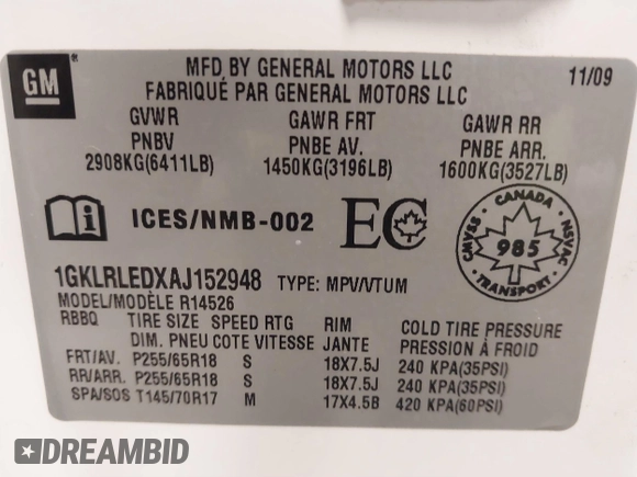 2010 GMC Acadia SLE with VIN 1GKLRLEDXAJ152948, listed as a IAAI auction lot 41701757 with 120,667 mi miles and . Bid and sale history available at DreamBid. Image 9.