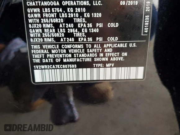2019 Volkswagen Atlas SE with VIN 1V2WR2CA7KC607593, listed as a Copart auction lot 56418735 with Not provided miles and Non repairable. Bid and sale history available at DreamBid. Image 12.