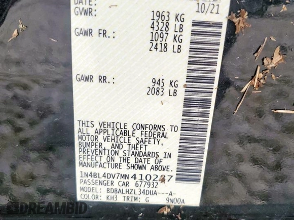 2021 Nissan Altima SV z VIN 1N4BL4DV7MN410287, wystawiony jako Copart lot #57296435 z przebiegiem 51 593 mil mil oraz Szkoda całkowita • Salvage title. Historia ofert i sprzedaży dostępna na DreamBid. Obrazek 12.