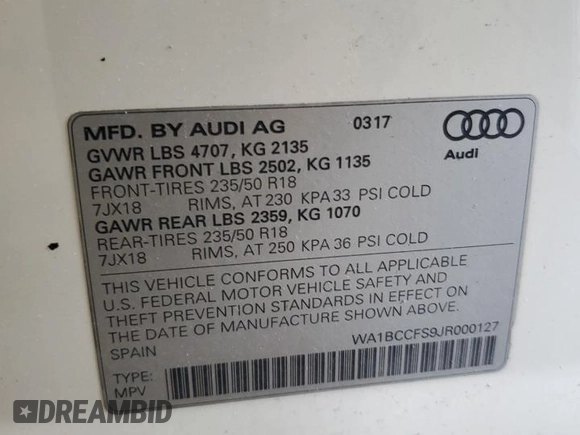 2018 Audi Q3 Premium with VIN WA1BCCFS9JR000127, listed as a Copart auction lot 58555755 with 60,295 mi miles and Salvage title. Bid and sale history available at DreamBid. Image 13.