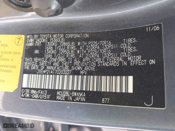 2007 Toyota Highlander with VIN JTEHP21A170203227, listed as a IAAI auction lot 41473331 with 135,125 mi miles. Bid and sale history available at carsss.com. Image 9.