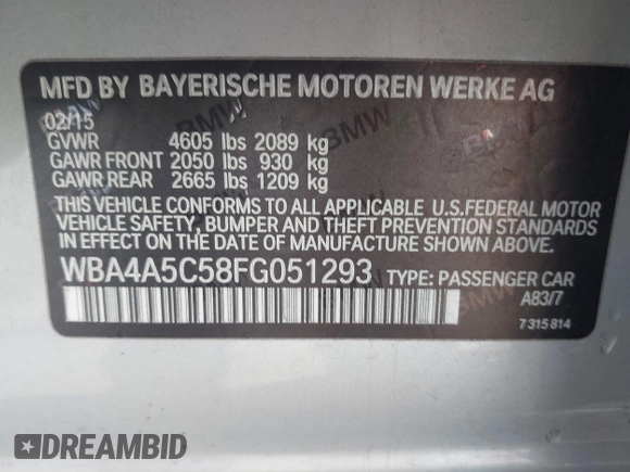 2015 BMW 4 Series 428i with VIN WBA4A5C58FG051293, listed as a IAAI auction lot 41255541 with 60,737 mi miles and . Bid and sale history available at DreamBid. Image 9.