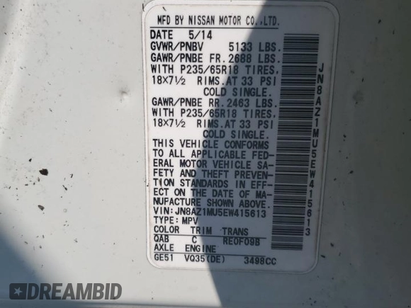 2014 Nissan Murano SV with VIN JN8AZ1MU5EW415613, listed as a Copart auction lot 75419704 with 0 mi miles and Salvage Title. Bid and sale history available at carsss.com. Image 14.