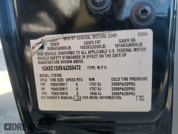 2004 GMC Yukon SLT with VIN 1GKEC13VX4J268472, listed as a Copart auction lot 53659625 with 78,136 mi miles and Salvage Title. Bid and sale history available at carsss.com. Image 12.