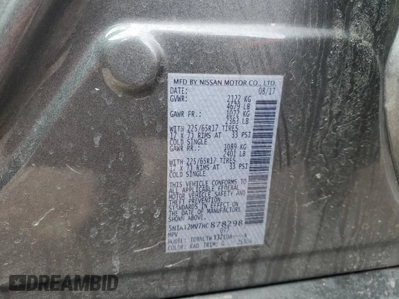 2017 Nissan Rogue SV with VIN 5N1AT2MV7HC878298, listed as a Copart auction lot 46906565 with 117,859 mi miles and Salvage Title. Bid and sale history available at DreamBid. Image 13.