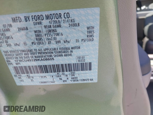 2009 Ford Escape Hybrid z VIN 1FMCU49329KA08605, wystawiony jako IAAI lot #42367265 z przebiegiem 166 562 mil mil oraz . Historia ofert i sprzedaży dostępna na DreamBid. Obrazek 9.