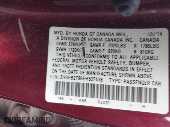 2015 Honda Civic EX with VIN 2HGFB2F86FH507438, listed as a IAAI auction lot 41763248 with 149,860 mi miles and . Bid and sale history available at carsss.com. Image 9.