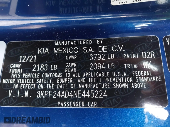 2022 Kia Forte LXS z VIN 3KPF24AD4NE445224, wystawiony jako IAAI lot #41853612 z przebiegiem 29 217 mil mil oraz . Historia ofert i sprzedaży dostępna na DreamBid. Obrazek 9.