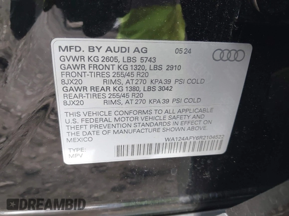 2024 Audi SQ5 Sportback Premium Plus with VIN WA124AFY6R2104522, listed as a IAAI auction lot 40980151 with 2,429 mi miles and . Bid and sale history available at DreamBid. Image 9.