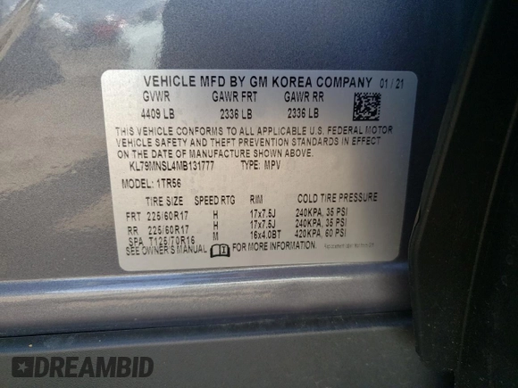 2021 Chevrolet TrailBlazer LS with VIN KL79MNSL4MB131777, listed as a Copart auction lot 50082224 with 10,393 mi miles and . Bid and sale history available at DreamBid. Image 14.