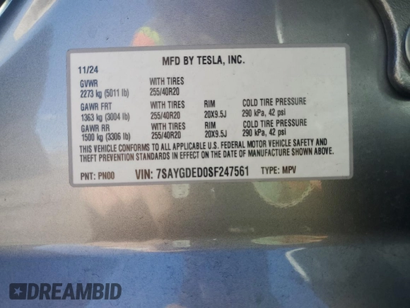 2025 Tesla Model Y Long Range with VIN 7SAYGDED0SF247561, listed as a Copart auction lot 50736875 with 9,094 mi miles and Salvage Title. Bid and sale history available at DreamBid. Image 12.
