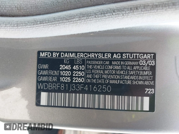 2003 Mercedes-Benz C 240 with VIN WDBRF81J33F416250, listed as a IAAI auction lot 42255841 with 307,737 mi miles and . Bid and sale history available at DreamBid. Image 9.