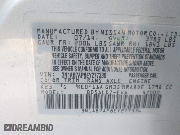 2014 Nissan Sentra S with VIN 3N1AB7AP8EY277336, listed as a IAAI auction lot 41472825 with 178,724 mi miles and . Bid and sale history available at DreamBid. Image 9.