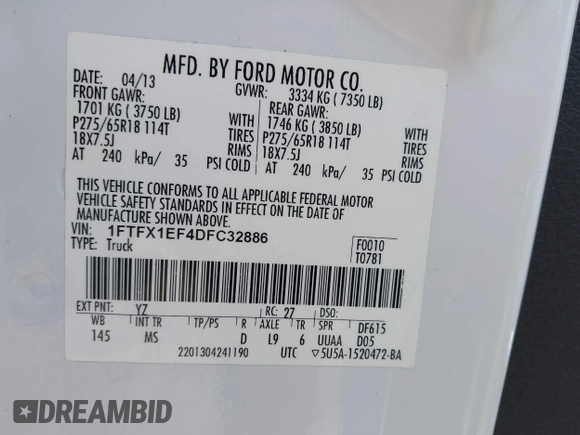 2013 Ford F-150 XL with VIN 1FTFX1EF4DFC32886, listed as a IAAI auction lot 42414675 with 109,819 mi miles and . Bid and sale history available at DreamBid. Image 9.