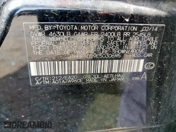2014 Lexus IS 250 with VIN JTHBF1D29E5030695, listed as a Copart auction lot 61001615 with 98,269 mi miles and Salvage title. Bid and sale history available at DreamBid. Image 12.