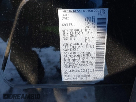 2024 Nissan Pathfinder S with VIN 5N1DR3AC1RC221213, listed as a IAAI auction lot 41213372 with 11,183 mi miles and . Bid and sale history available at DreamBid. Image 9.