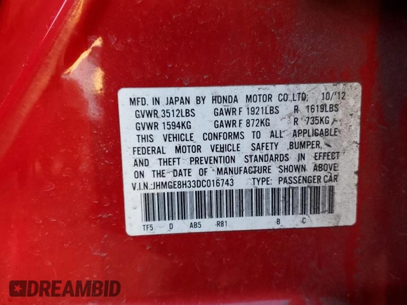2013 Honda Fit с VIN JHMGE8H33DC016743, выставлен на аукционе Copart как лот 49598745 с пробегом 142 740 миль миль и Списание • Salvage title. История ставок и продаж доступна на DreamBid. Изображение 14.