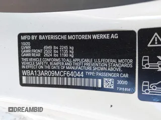 2021 BMW 4 Series M440i xDrive with VIN WBA13AR09MCF64044, listed as a IAAI auction lot 41391508 with 29,007 mi miles and . Bid and sale history available at DreamBid. Image 9.