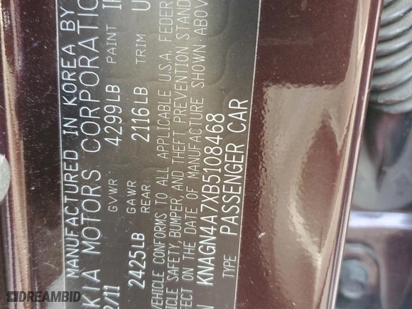 2011 Kia Optima EX with VIN KNAGN4A7XB5108468, listed as a Copart auction lot 51939295 with 193,847 mi miles and Salvage Title. Bid and sale history available at carsss.com. Image 12.